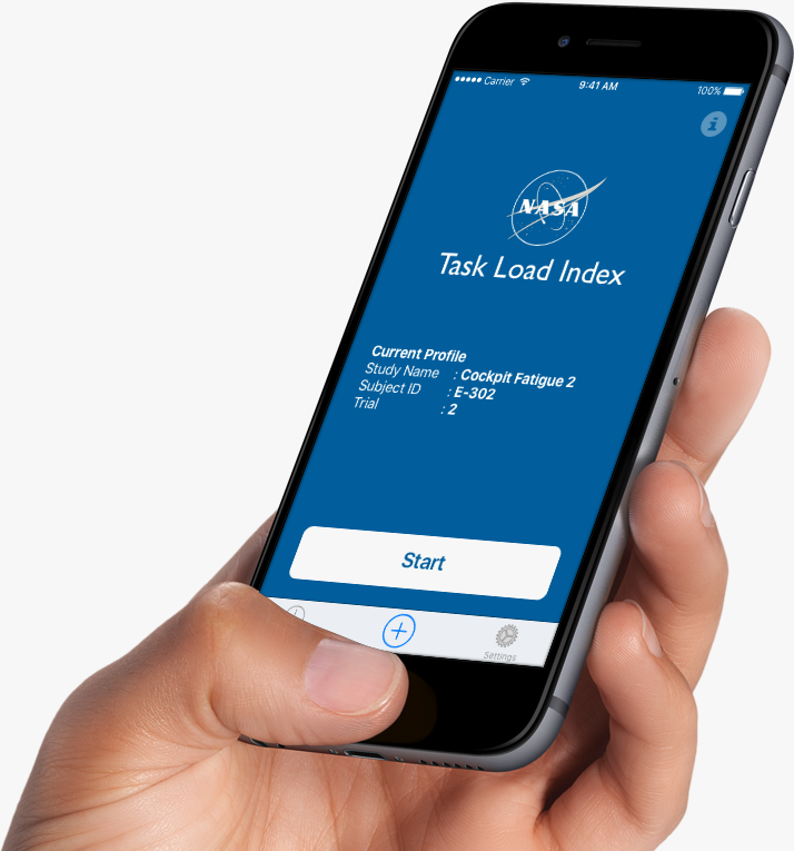 The NASA Task Load Index (TLX) app, as shown on a mobile phone.