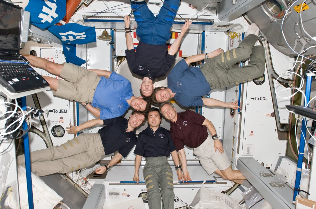 A crew of six in Expedition 20, poses in a star shape with their heads touching in the center.