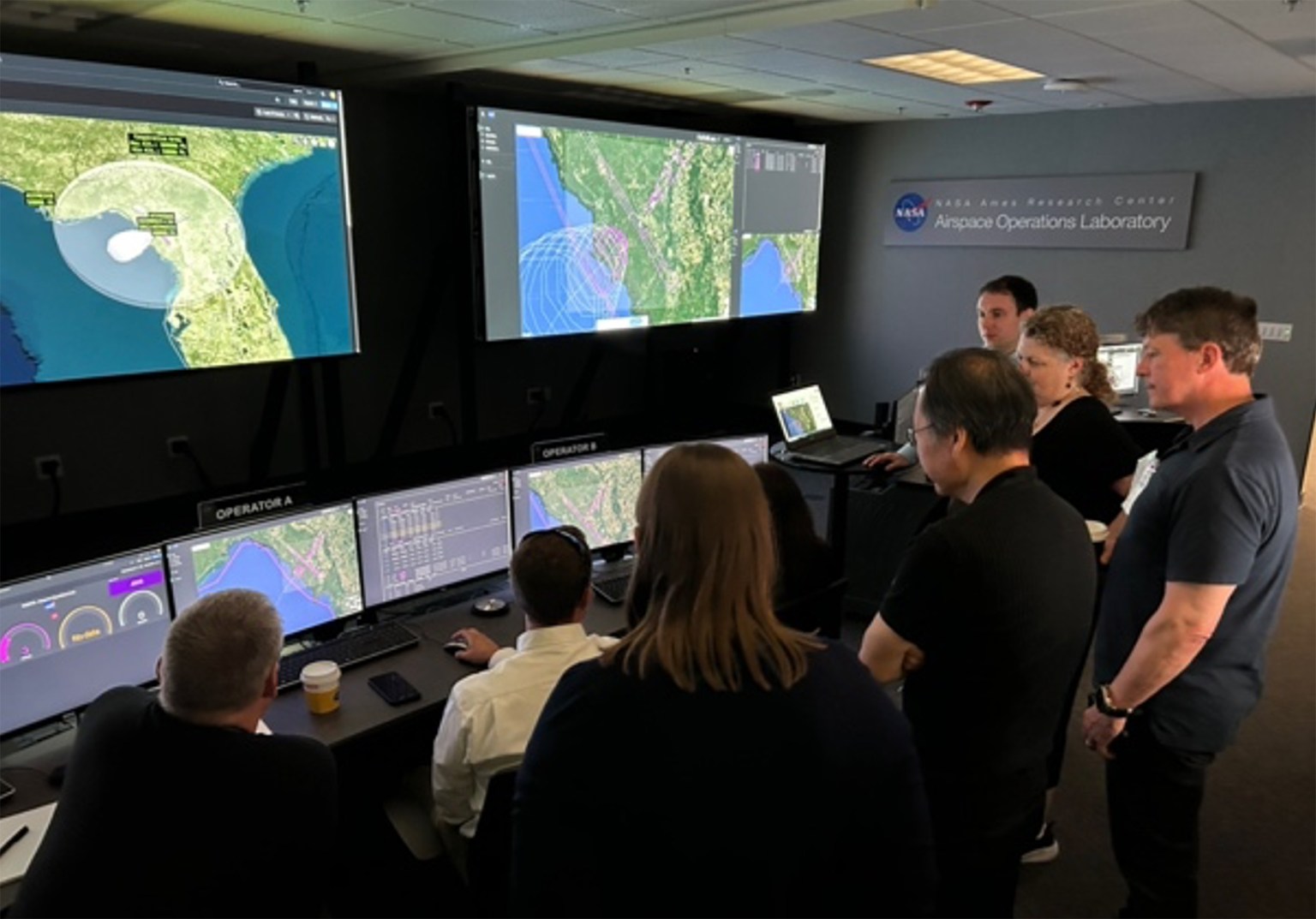 The Higher Airspace/Upper Class E Traffic Management (HA/ETM) team conducts its second Collaborative Evaluation with industry partners in NASA’s Airspace Operations Lab (AOL) on July 29–30th, 2025.