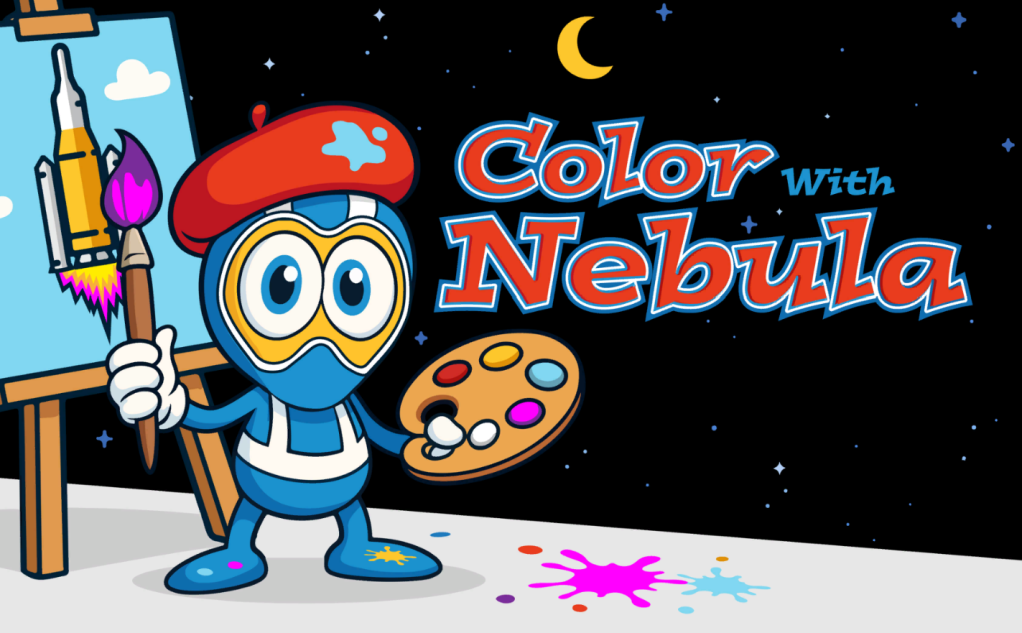 The words "Color with Nebula" are displayed prominently, with the character Nebula to their left, holding a paintbrush, palette, and standing in front of an easel with a rocket on it.