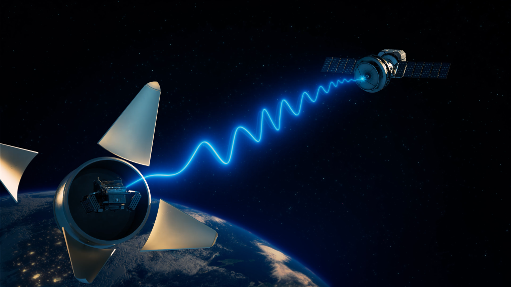 Alt Text: An artist's illustration of a near-Earth satellite relay above Earth communicating with spacecraft. We see half of the Earth in the bottom left  of the image, lit up at night with lights around the globe. The spacecraft is sending bright blue waves of light to the satellite representing invisible communications signals traveling through space, in front of a dark black star filled background. ​