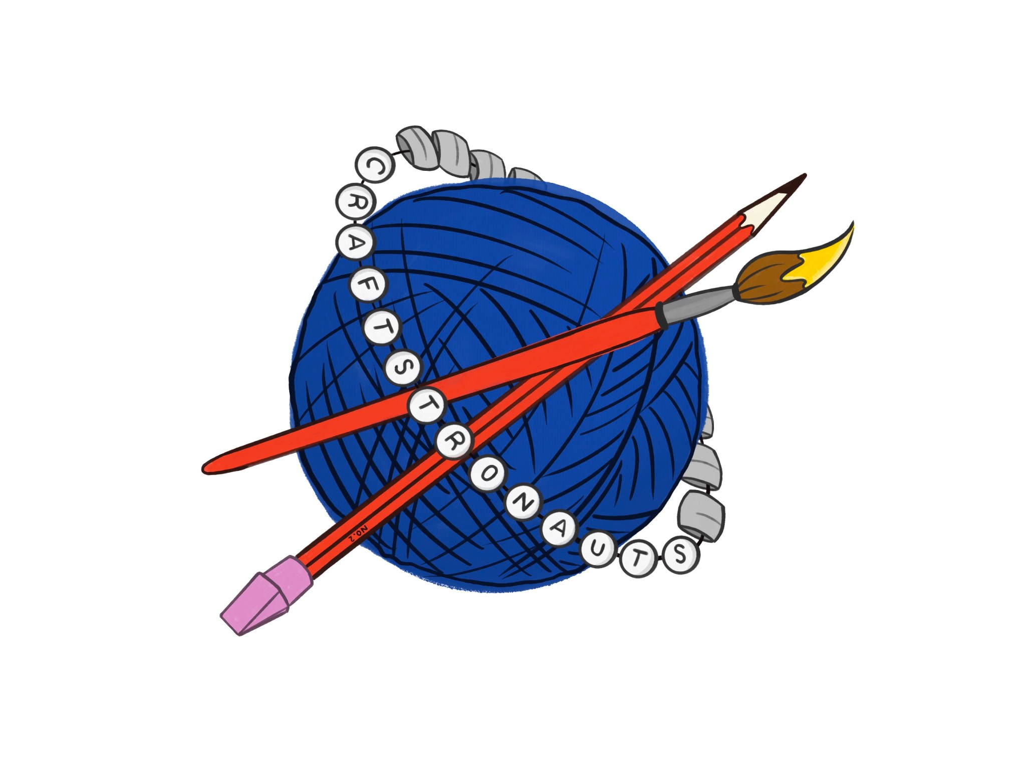 Logo for JSC's Craftstronauts Club; a ball of blue yarn with a pencil and paint brush crossing in front of it.