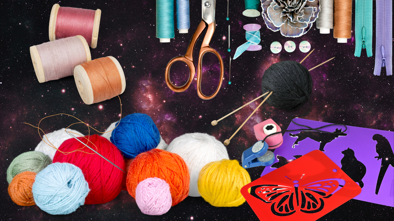 Miscellaneous crafting items such as yarn, thread, needles, scissors, and stencils.