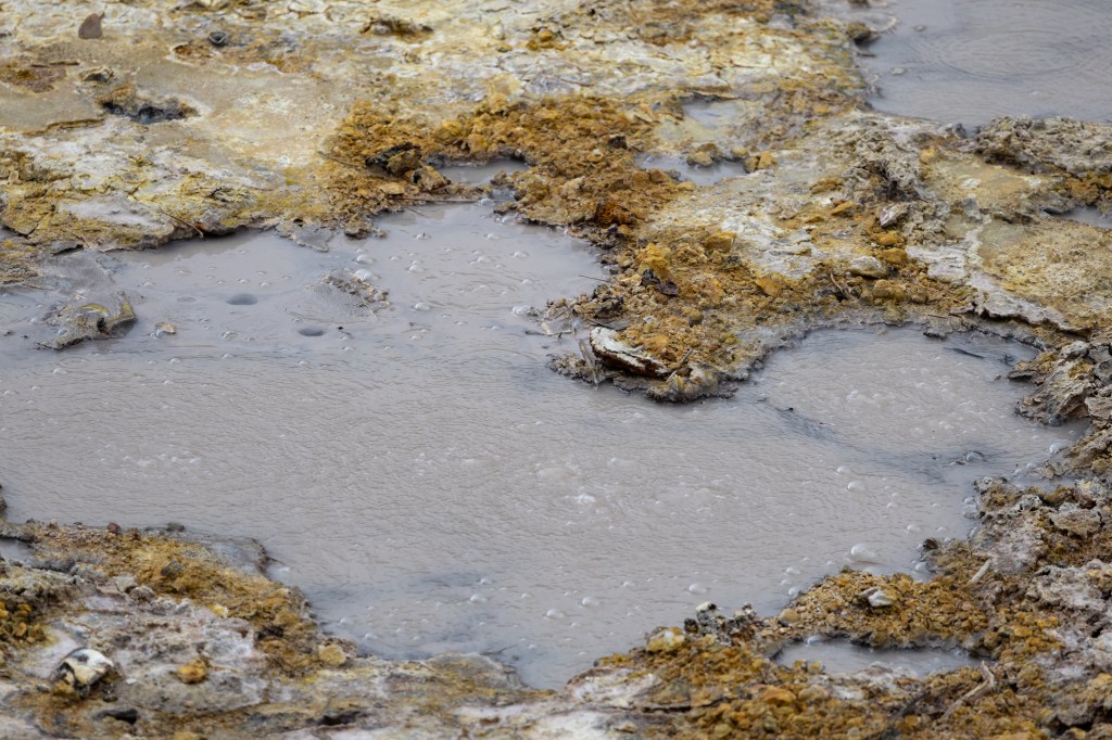 A small brown pool full of bubbles, surrounded by brown and tan rock.