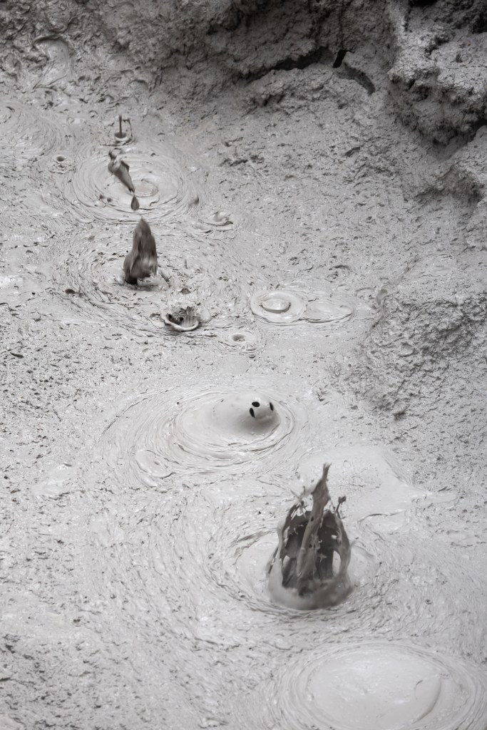 Four bubbles burst through gray mud.