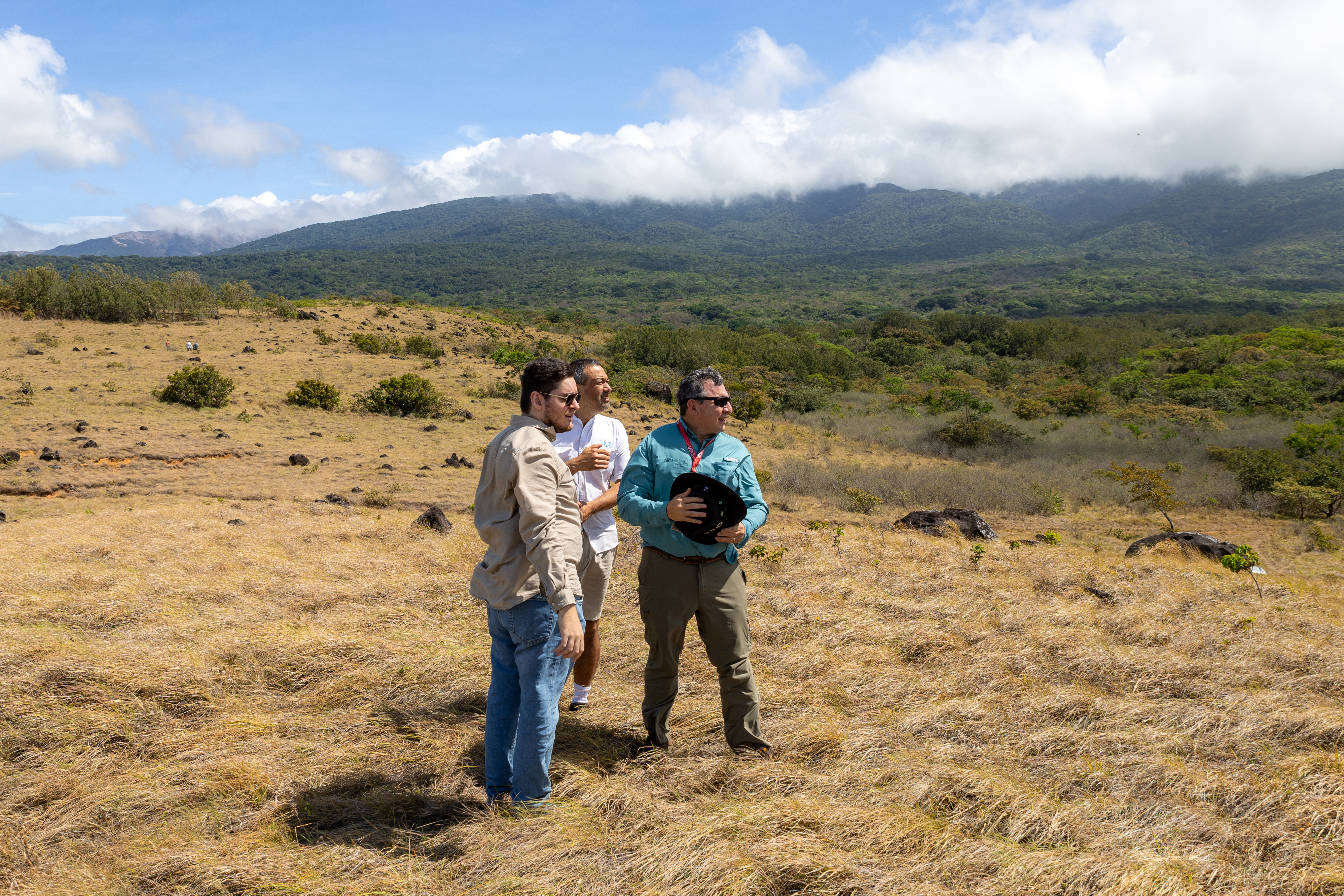 Three people, in (from left) a tan, white, and blue long sleeve, stand on top of a hill of tan grass, looking off to the right. In the distance is a green forested mountain and cloudy blue skies.