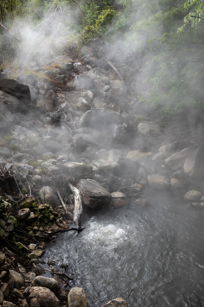 Steam rises from a bubbling pool at the bottom of a small stream.