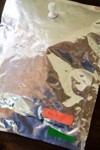 Two silver bags sit on top of each other with a handwritten label on the bottom right corner of each. The bottom bag has a green label, and the top label is orange. The camera looks down from an angle almost perpendicular to the bags.