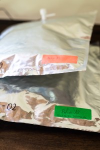 Two silver bags sit on top of each other with a handwritten label on the bottom right corner of each. The bottom bag has a green label, and the top label is orange. The camera looks forward from an angle almost parallel to the bags.