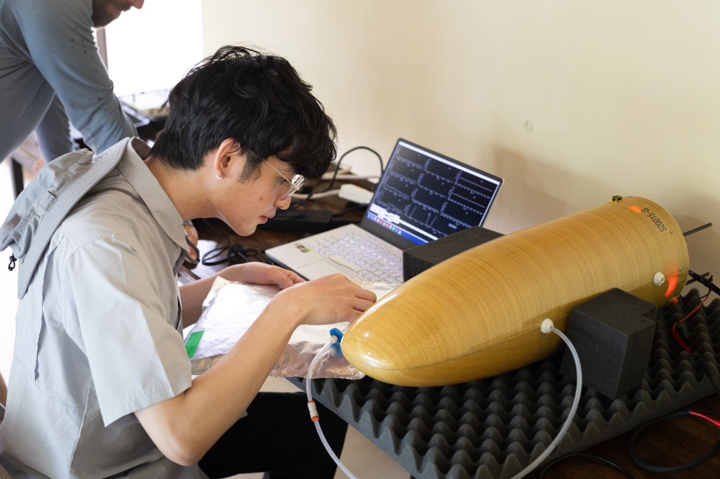 A man in a gray t-shirt with black hair hunches over a desk with an open laptop, a silver bag, and a yellow nose cone sitting on black foam.