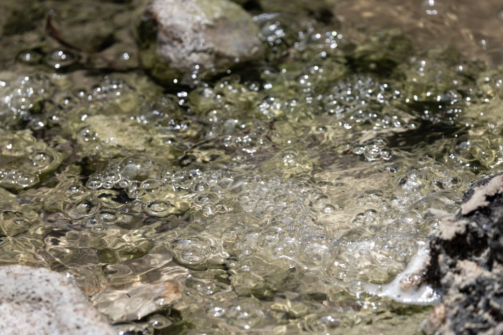 A pool of water bubbled, surrounded by tan-gray rocks.