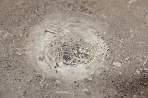 Bubbles erupt through clear water, with a tan sandy bottom.