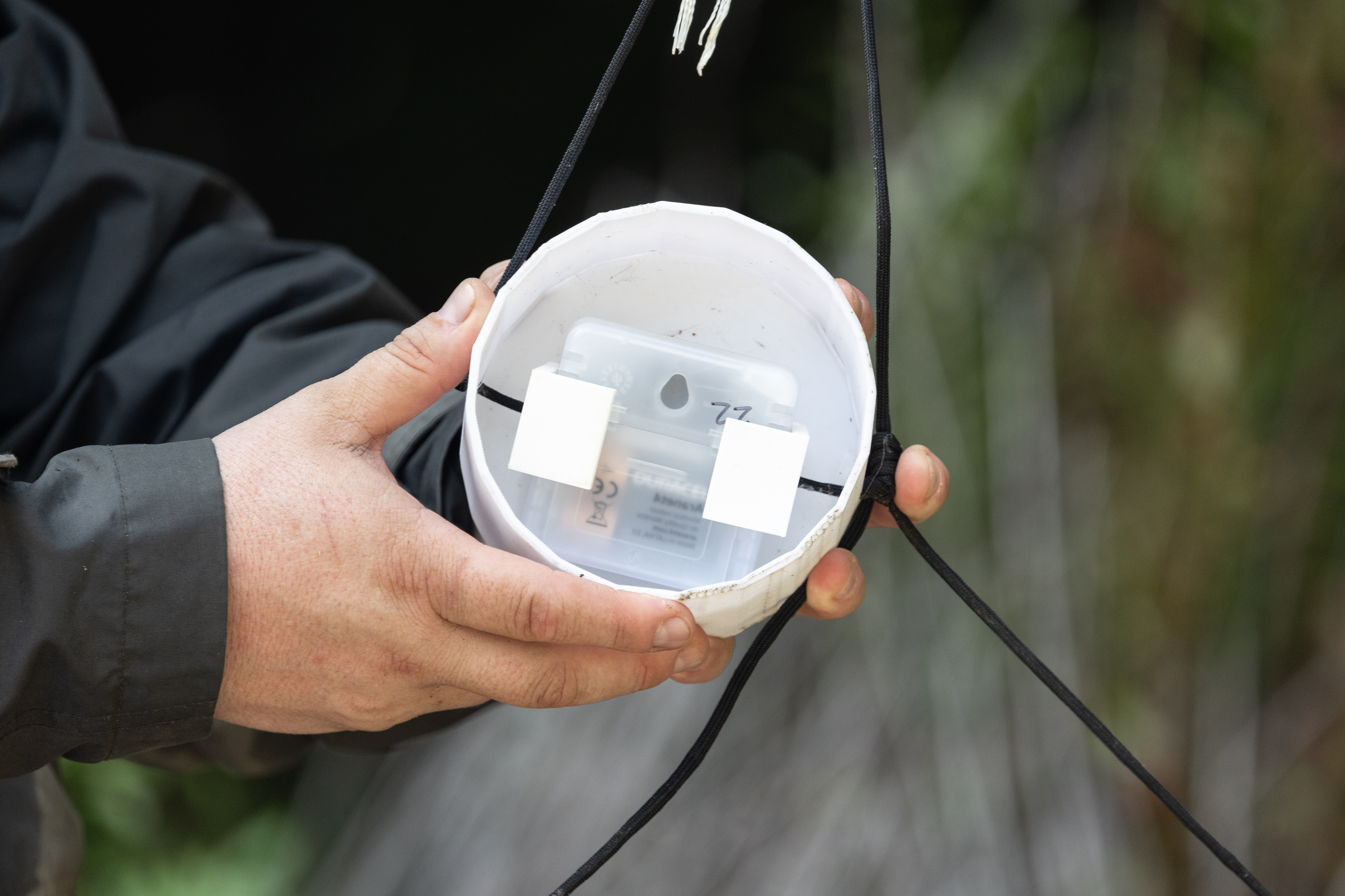 A man off camera holds a round white box towards the camera, attached to a black string.