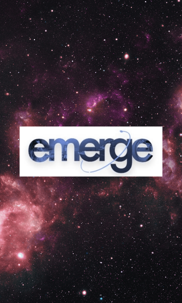 The Emerge club logo on a galaxy background.