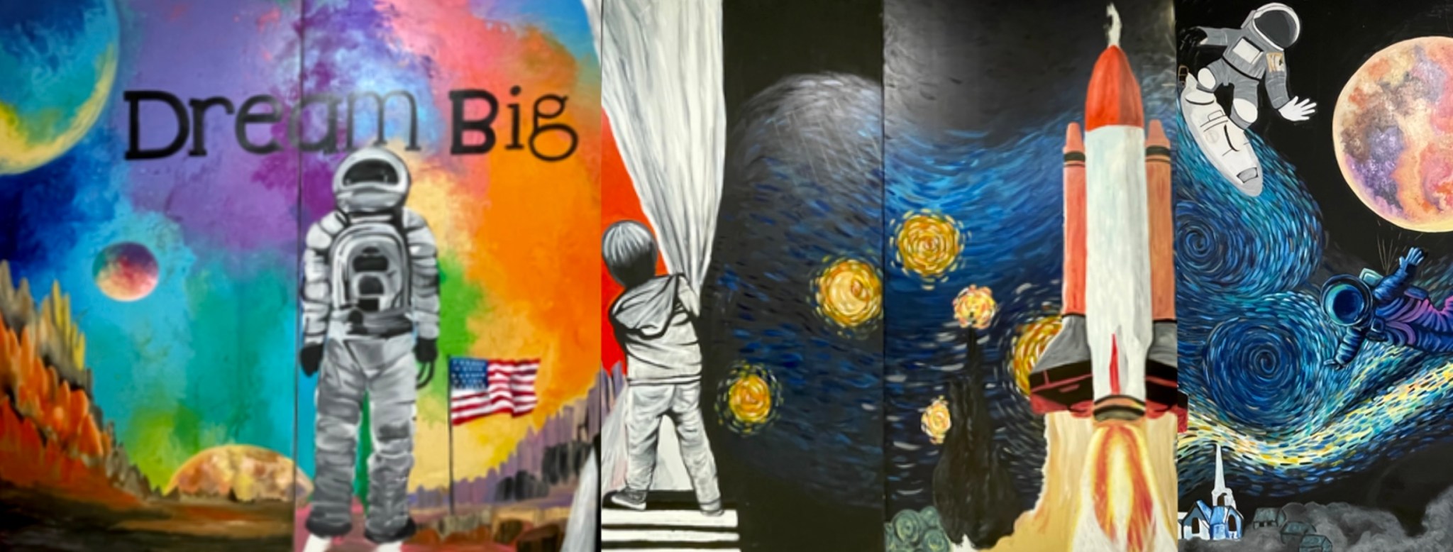 A colorful art mural representing space exploration. The words "Dream Big" appear in the upper left corner.