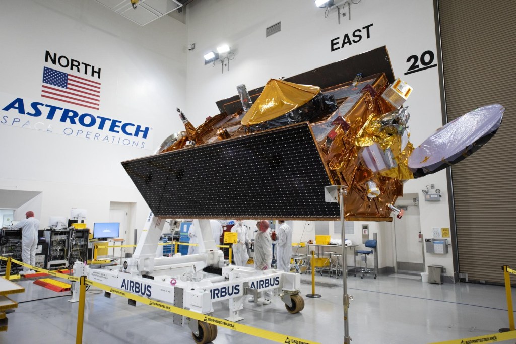Technicians process the Sentinel-6B spacecraft at the the Astrotech Space Operations payload processing facility at Vandenberg Space Force Base in California on Thursday, Sept. 25, 2025.