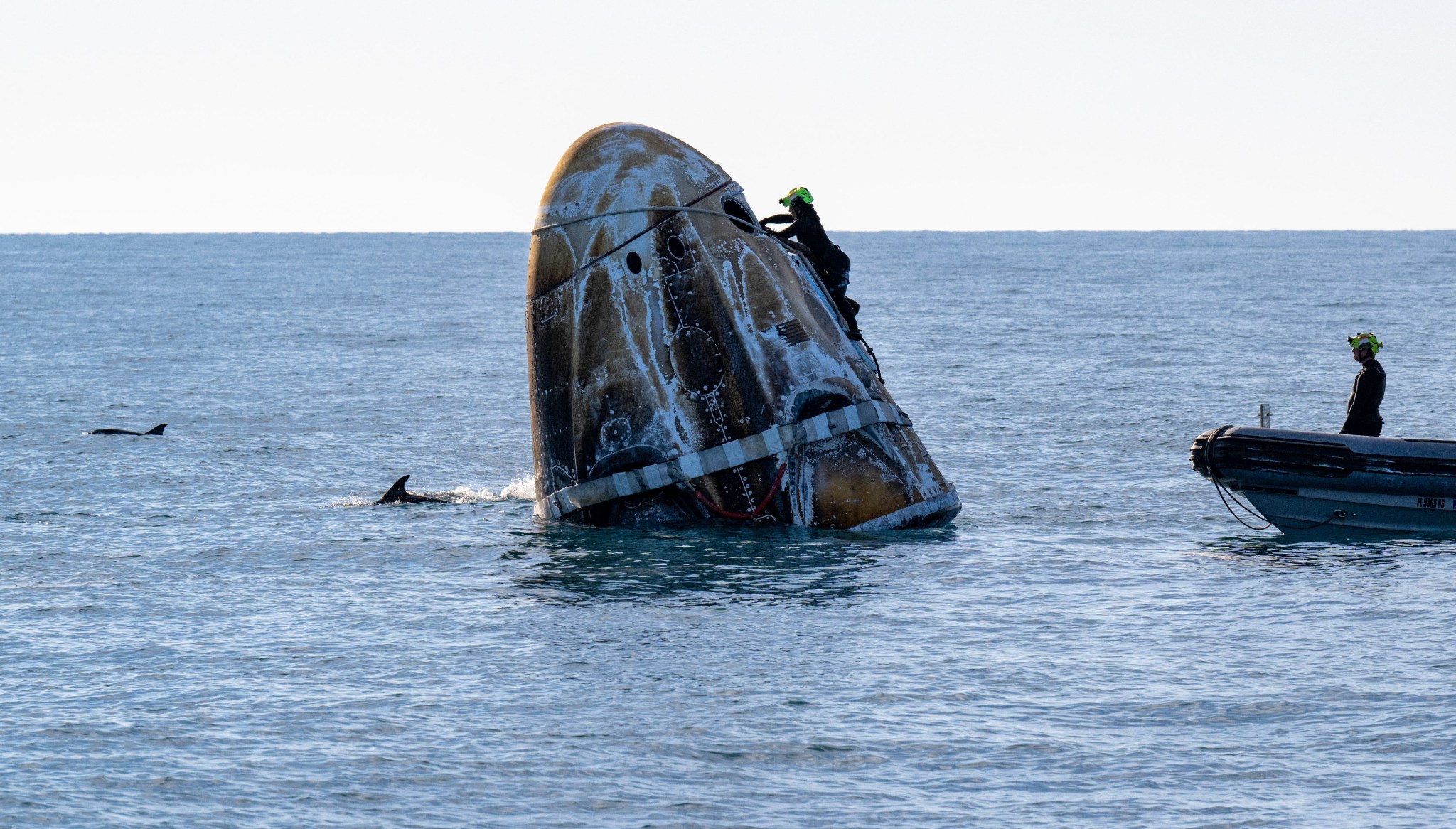 A spacecraft in the ocean surrounded by dolphins. A boat is approaching from the right.