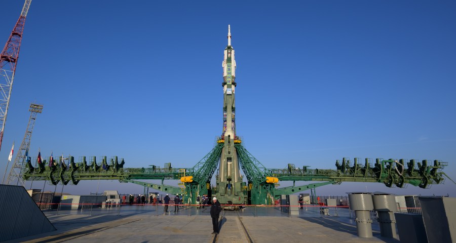 The Soyuz rocket is raised vertical, Monday, Nov. 24, 2025, at site 31 launch pad of the Baikonur Cosmodrome in Kazakhstan. Expedition 74 crewmembers: NASA astronaut Chris Williams, Roscosmos cosmonauts Sergey Kud-Sverchkov and Sergey Mikaev are scheduled to launch aboard their Soyuz MS-28 spacecraft on November 27.