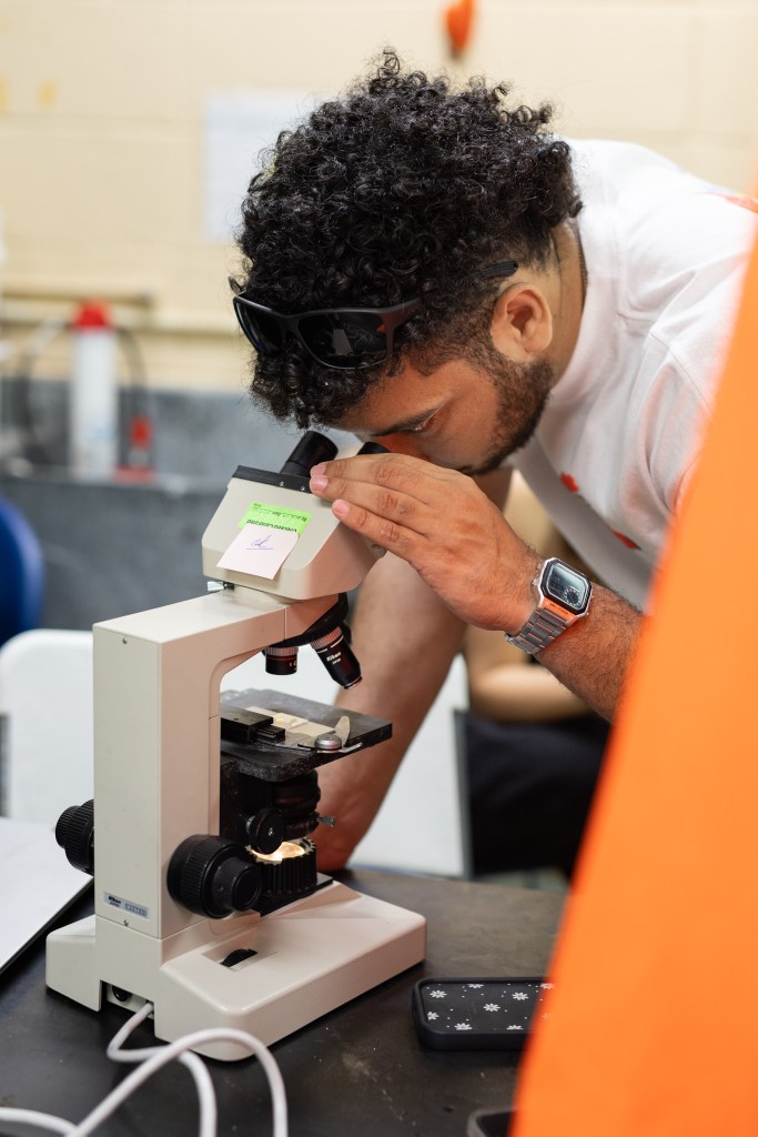 A man with curly black hair and a white t-shirt looks into a microscope.