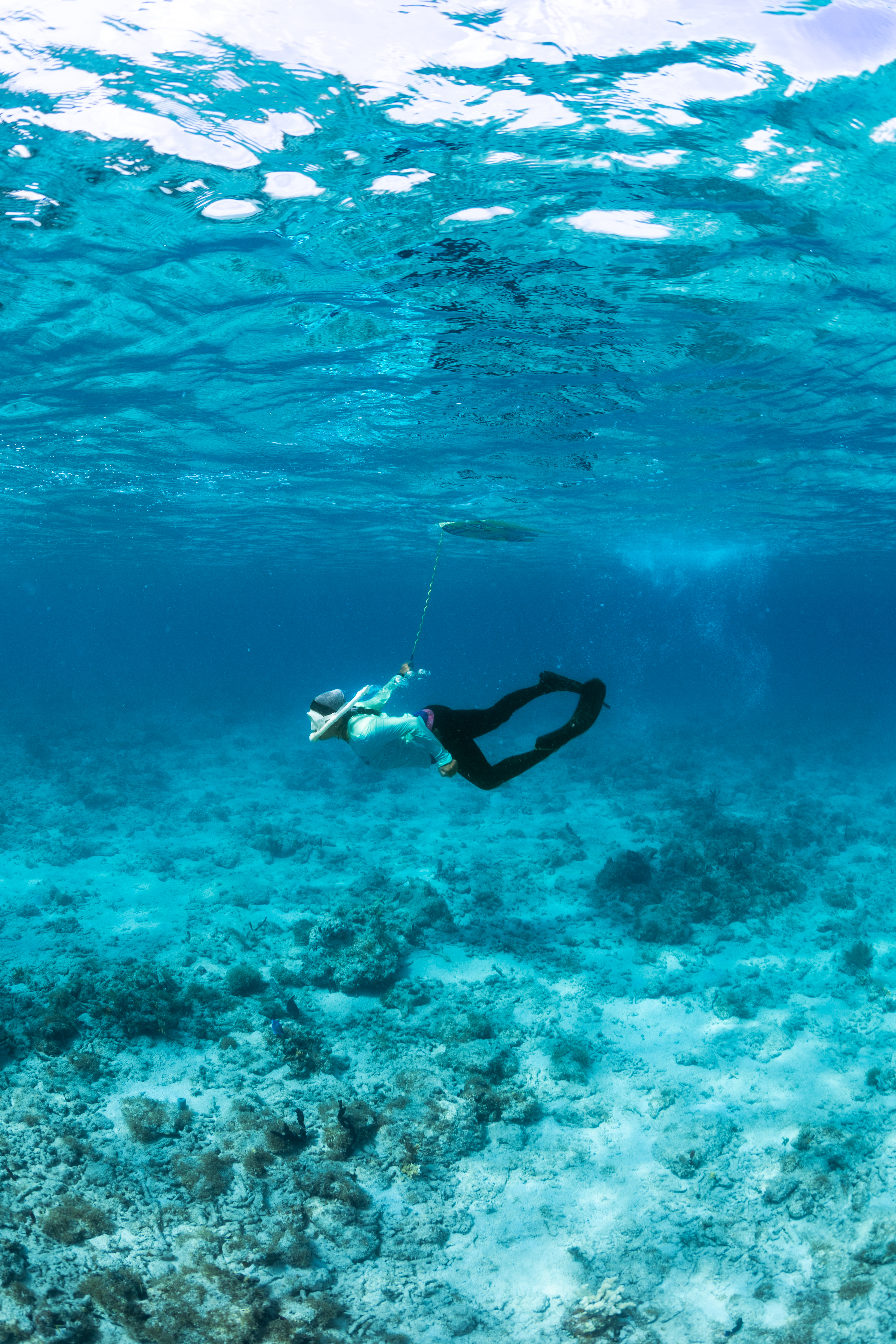 In this underwater image, a swimmer in a teal long sleeve shirt, black leggings and fins, and a snorkel swims through blue water halfway between the seafloor and the surface. Attached to her wrist is a thin cord, attached to a floatation device at the surface. The seafloor below is covered in rocks and pale sand.