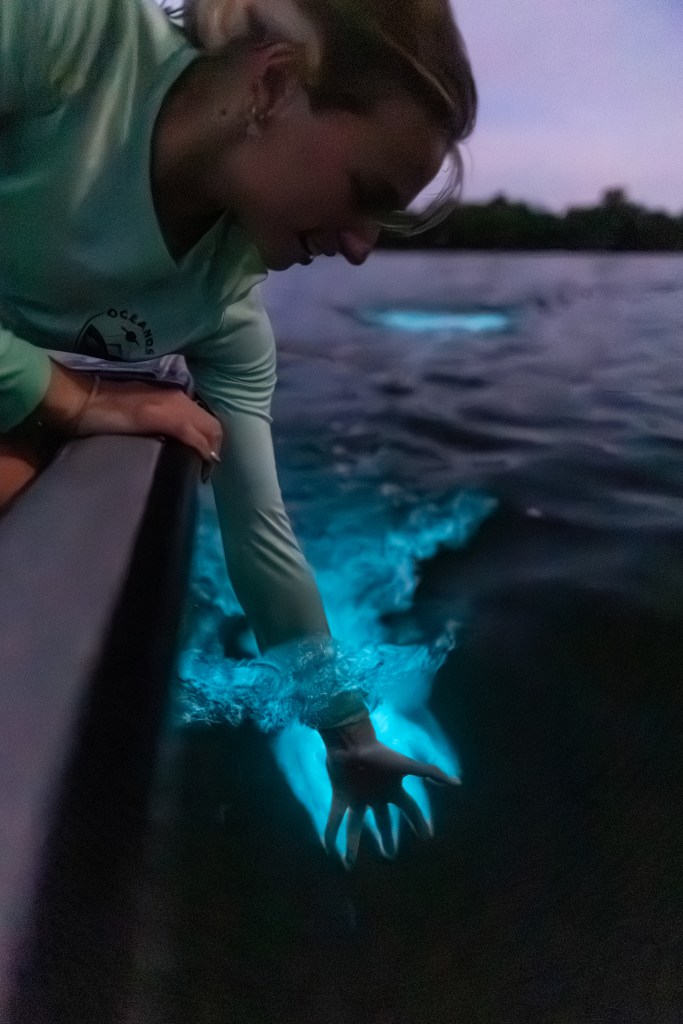 A young woman in a teal shirt leans over the edge of a boat, trailing her hand in the water. The water around her hand glows bright blue.