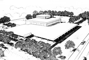 Architect's perspective of LRL. Warrior Constructors, Inc., Houston, TX, was selected to complete construction and equip the Laboratory at MSC. To be completed by the end of 1967. MSC, Houston, TX