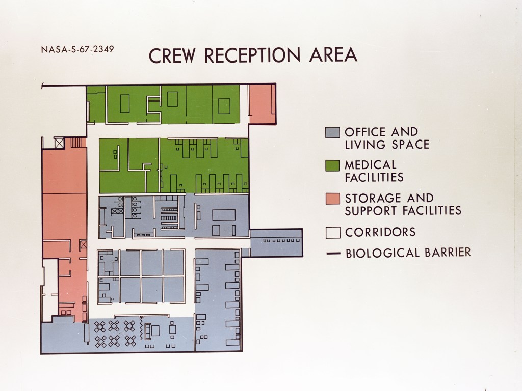 Artist's concept depicting the floor plan of the Crew Reception Area of the Lunar Receiving Laboratory (LRL), bldg 37, 1967