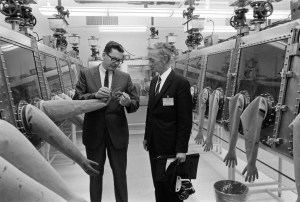 Building 37, LRL, at the Manned Spacecraft Center. Dr. Elbert King, MSC, and Professor Wolf von Engelhardt from West Germany. MSC, Houston, TX, 1967