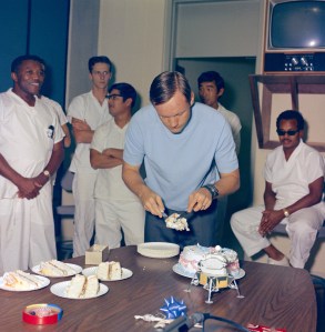 Views of final preparations to birthday cakes and party activities for Astronaut Neil Armstrong in the bldg. 37 LRL CRA Lunar Receiving Laboratory Crew Reception Area.