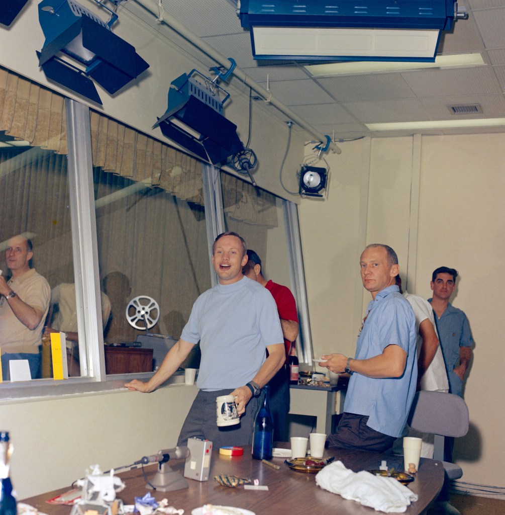 Views of final preparations to birthday cakes and party activities for Astronaut Neil Armstrong in the bldg. 37 LRL CRA Lunar Receiving Laboratory Crew Reception Area.