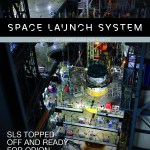 Image of cover of Space Launch System July - September 2025 highlights, showing the rocket being vertically stacked in the VAB at Kennedy Space Center.