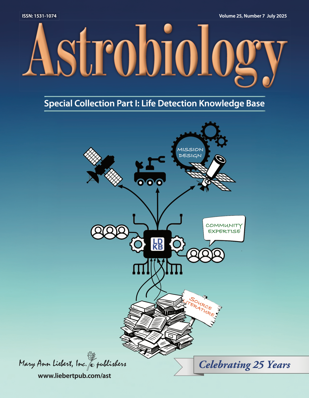 Depicts the cover of the Astrobiology Journal. It reads "Special Collection Part I: Life Detection Knowledge Base." The illustration is a black and white design depicting the interaction of source literature, community expertise, and mission design, all combined into the Life Detection Knowledge Base.