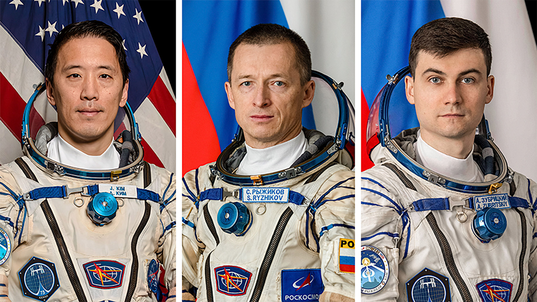 From left, NASA astronaut Jonny Kim and Roscosmos cosmonauts Sergey Ryzhikov and Alexey Zubritsky will soon depart the International Space Station inside the Soyuz MS-27 crew spacecraft for a landing in Kazakhstan.