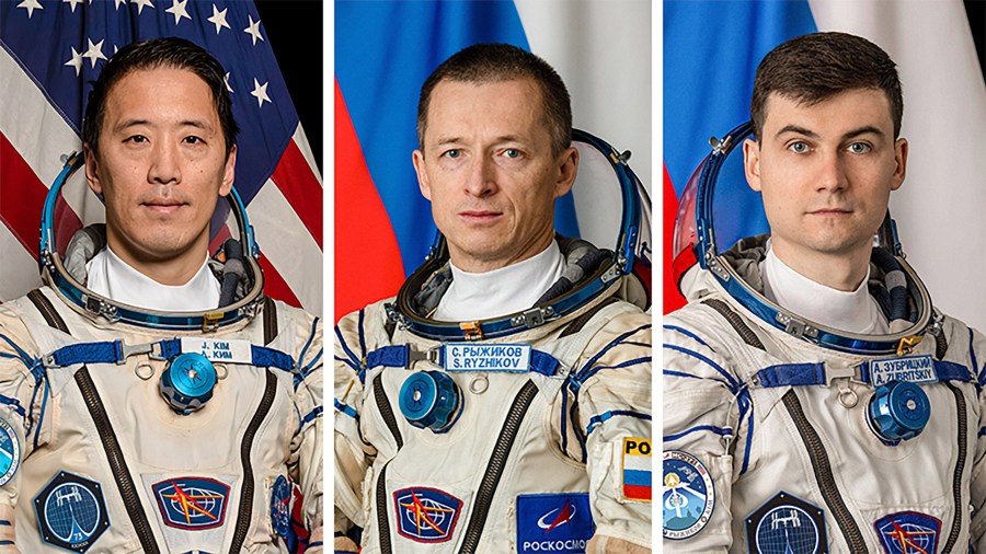 From left, NASA astronaut Jonny Kim and Roscosmos cosmonauts Sergey Ryzhikov and Alexey Zubritsky will soon depart the International Space Station inside the Soyuz MS-27 crew spacecraft for a landing in Kazakhstan.