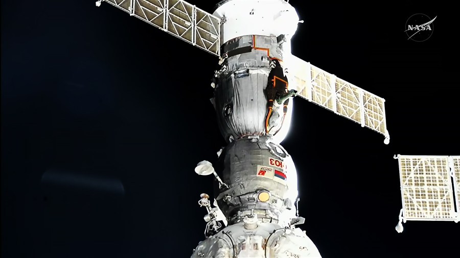 The Soyuz MS-27 crew spacecraft is pictured docked to the Prichal module just hours before undocking from the International Space Station and returning three crew members to Earth.