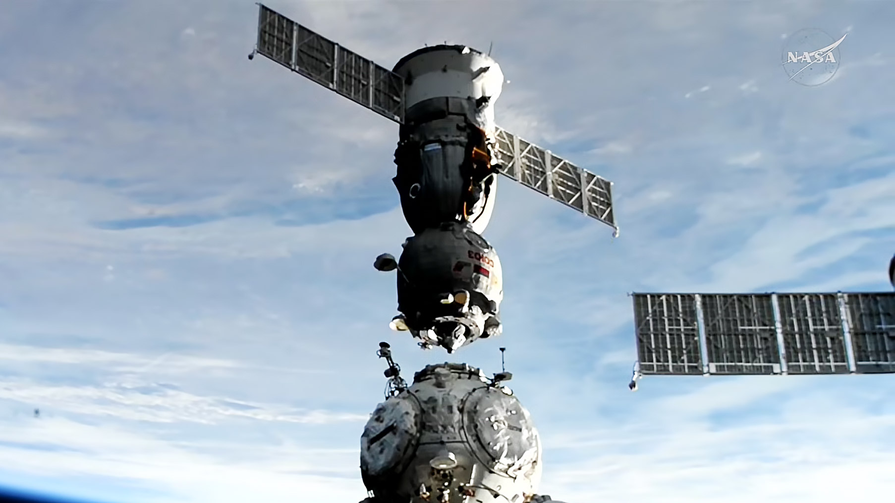 The Soyuz MS-27 crew spacecraft undocks from the Prichal module to return three Expedition 73 crew members to Earth.