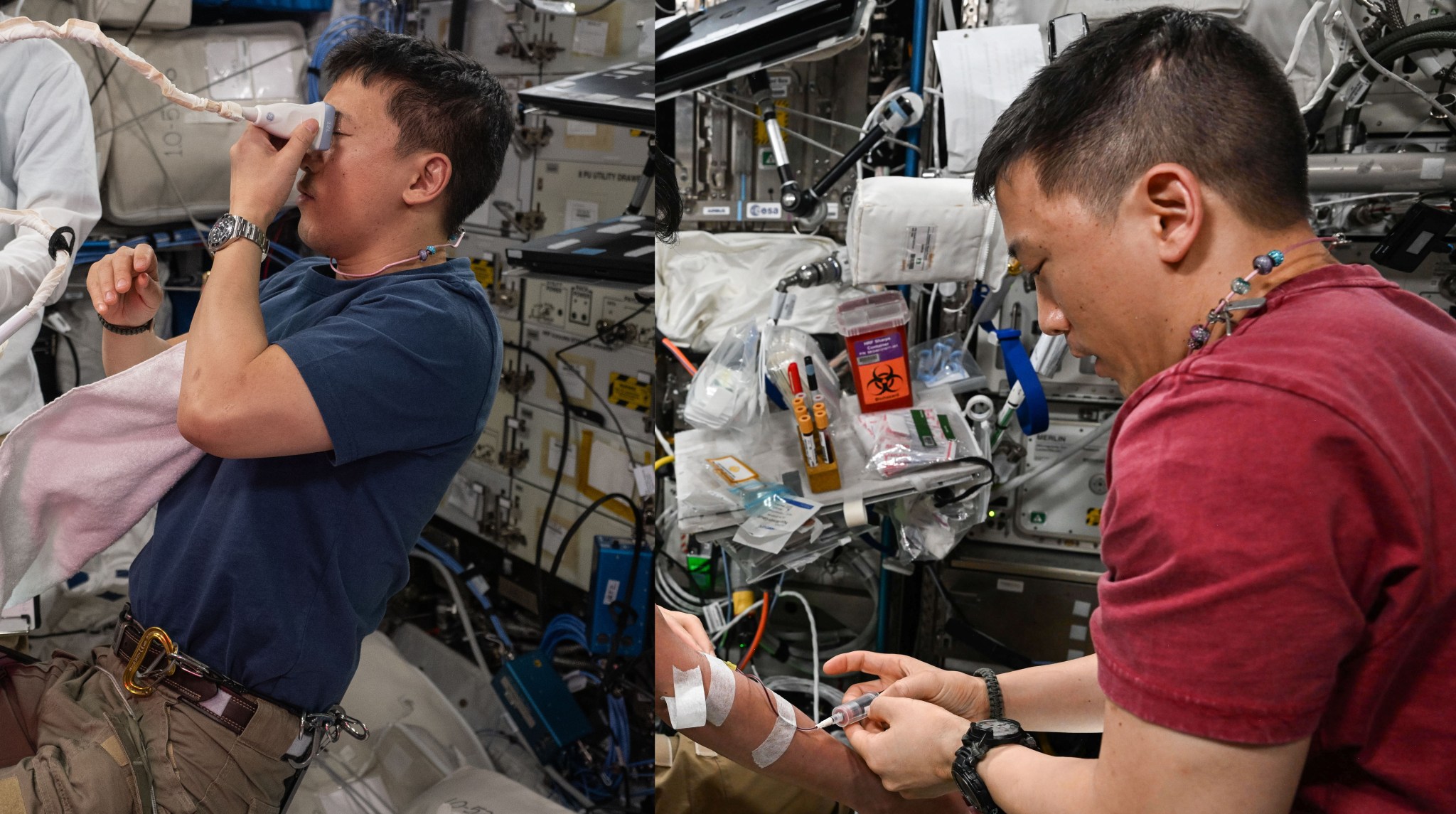 Left: NASA astronaut Jonny Kim, wearing a navy-blue shirt and brown cargo pants, holds a small medical device to his left eye. Kim wears a silver watch on his left wrist, and there are many electronic devices and wires embedded in the surrounding walls. Right: Kim, wearing a red shirt and a black watch, draws blood from a fellow crew member’s arm, which has multiple white adhesives attached. A small workstation with multiple blood vials and a biohazard disposal container is in the background.