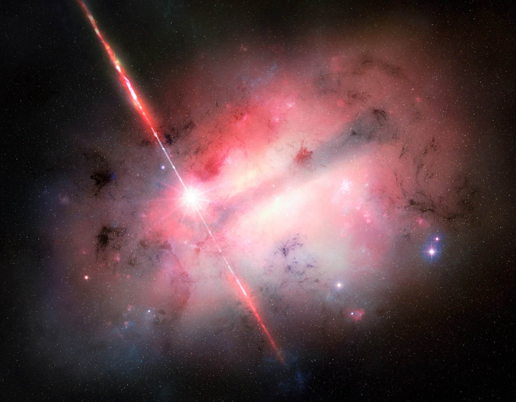 This artist’s concept depicts GRB 250702B (left of center) erupting within its host galaxy. This powerful explosion, first detected on July 2, blasted out narrow jets of particles at nearly the speed of light and exhibited repeated outbursts that lasted over 7 hours. Astronomers conducting rapid follow-up observations with multiple telescopes around the world found that the burst occurred within a large, extremely dusty galaxy.
