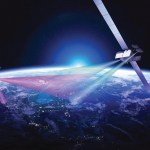 An Artistic Illustration of two SES Space and Defense satellites above the Earth that is in the bottom half of the frame. There is green and purple light coming from the satellites showing the transfer of communications.