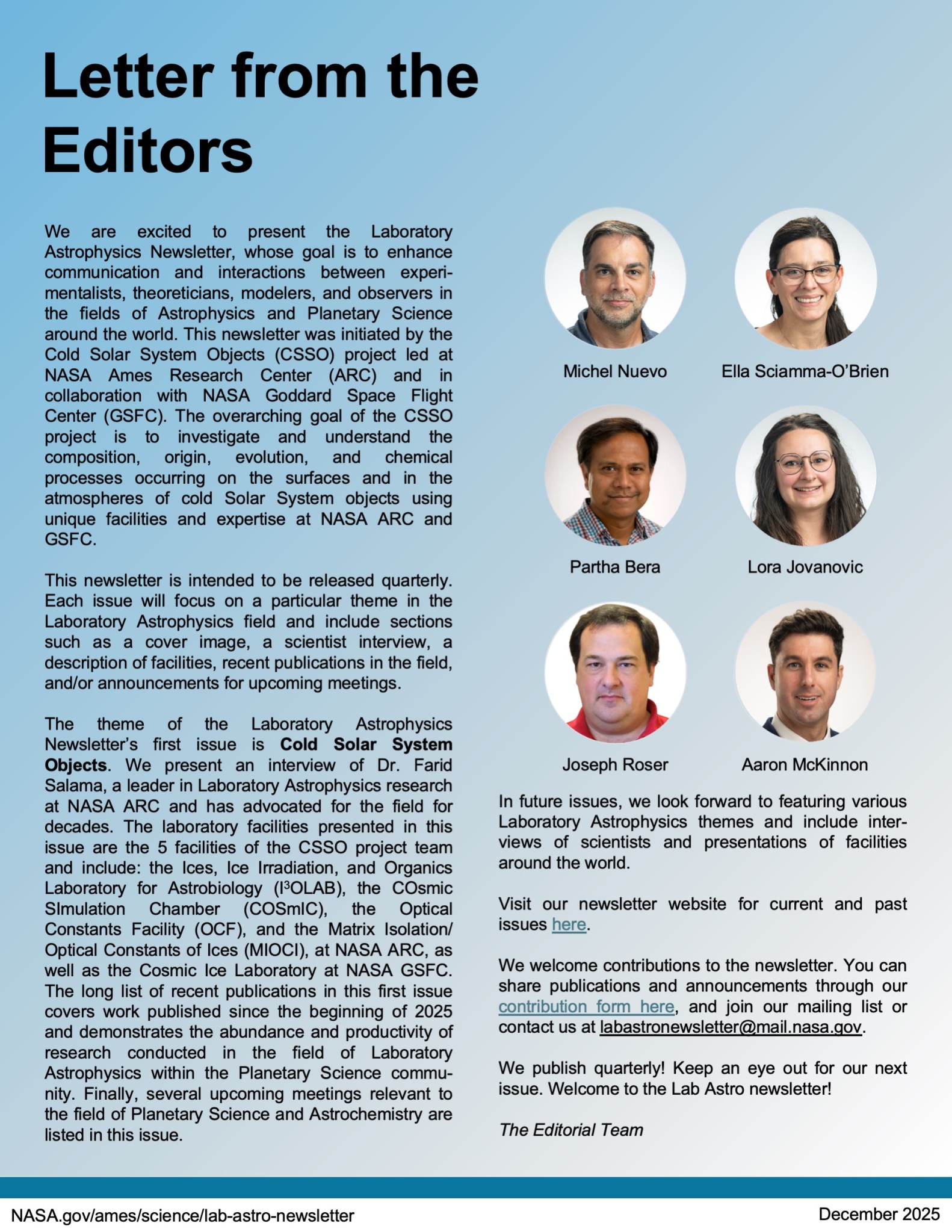 An image of the first page of the first Laboratory Astrophysics Newsletter, showing page 2.