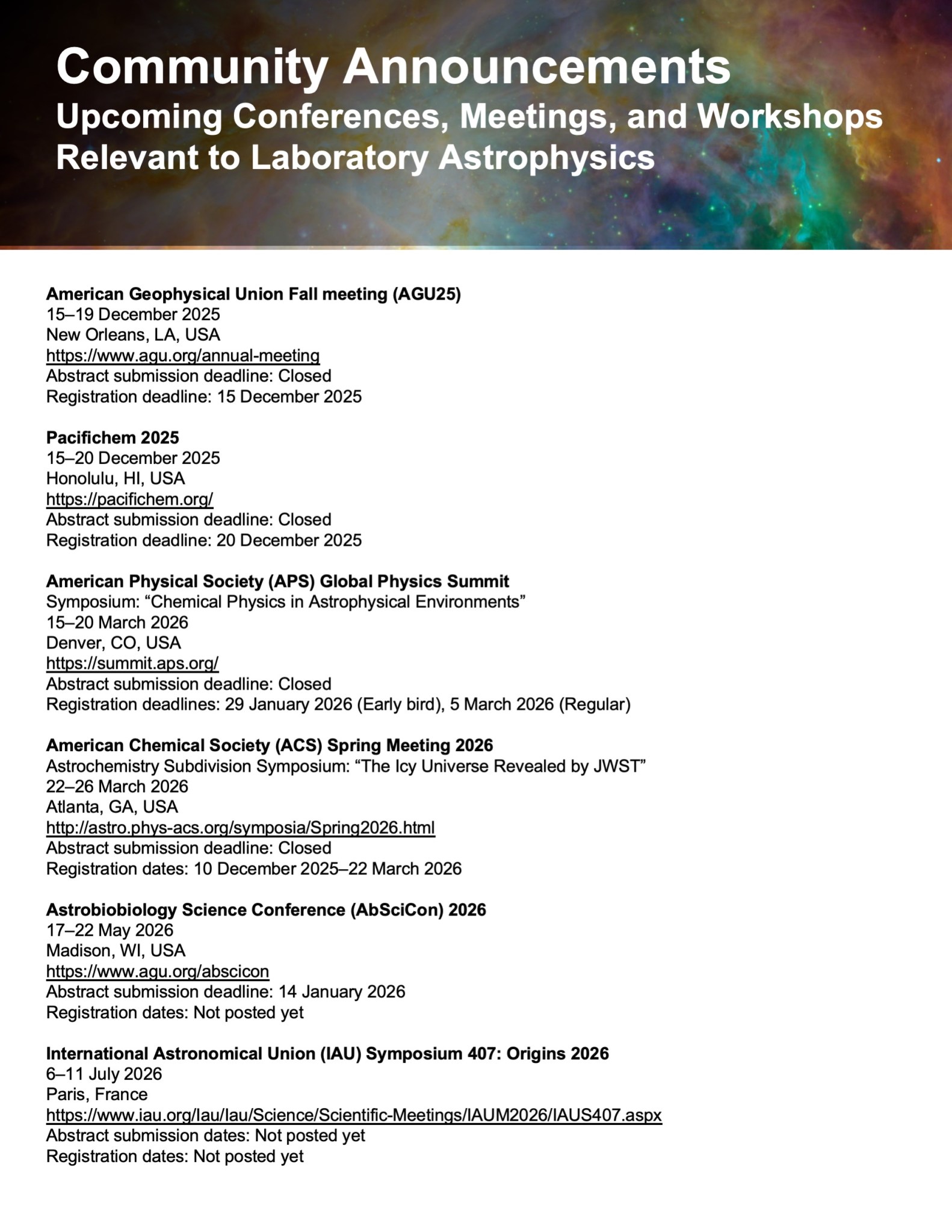 An image of the first page of the first Laboratory Astrophysics Newsletter, showing page 25.