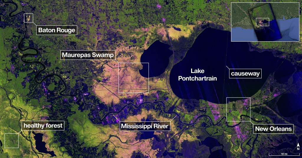 A full color overhead view of the Mississippi River Delta region, including New Orleans, Lake Pontchartrain and surroundings, annotated with labels of the landmarks.