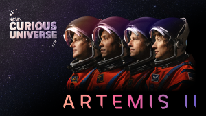 A dark podcast logo features the four crew members of NASA's Artemis II mission looking to the left of the frame. Above them, the podcast title "NASA's Curious Universe" is in white. A white NASA insignia is in the upper right corner. At the bottom of the image, the text reads "Artemis II"
