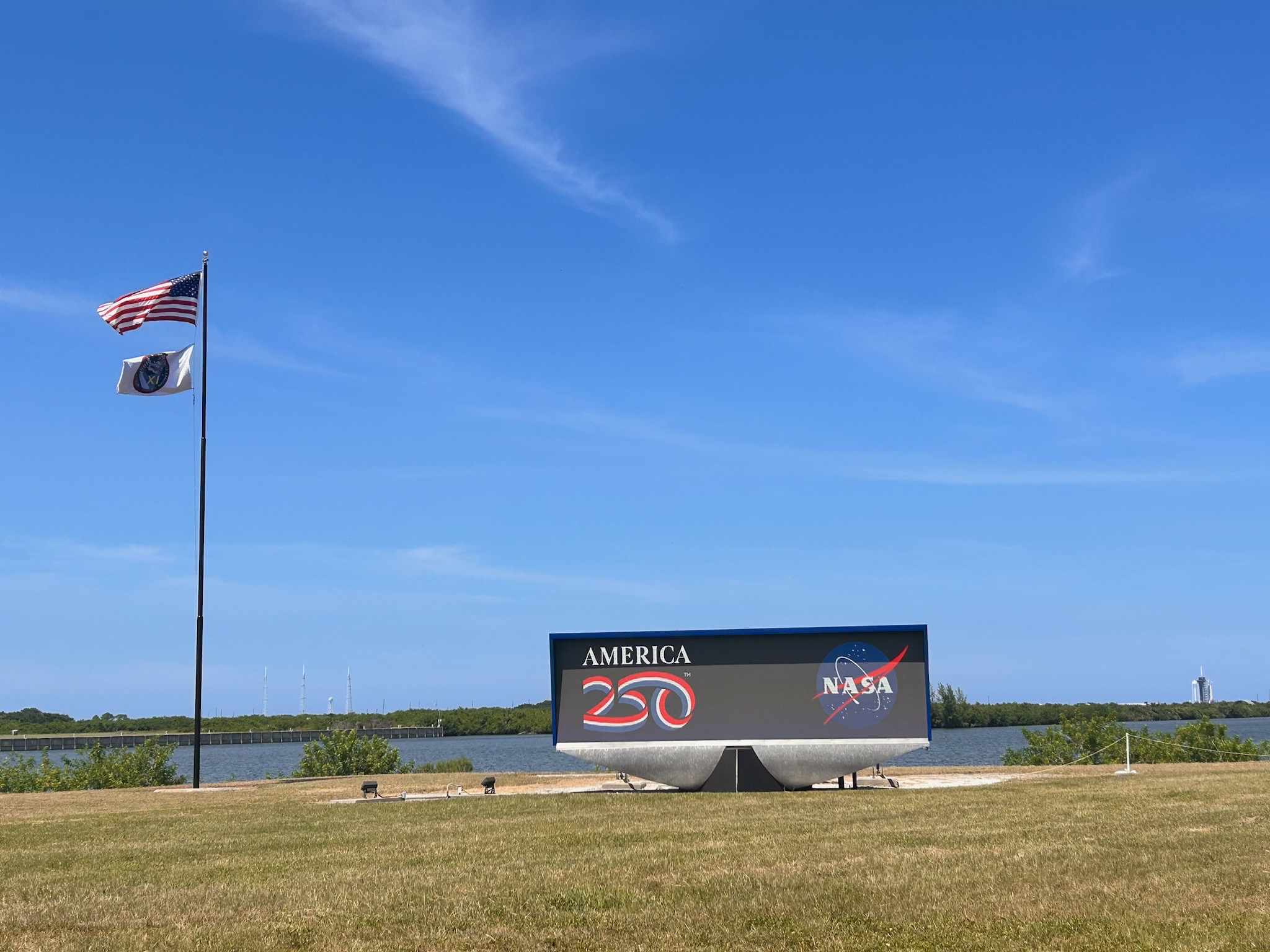 On July 30, 2025, the America 250 logo is displayed on the launch countdown clock at NASA’s Kennedy Space Center in Florida.