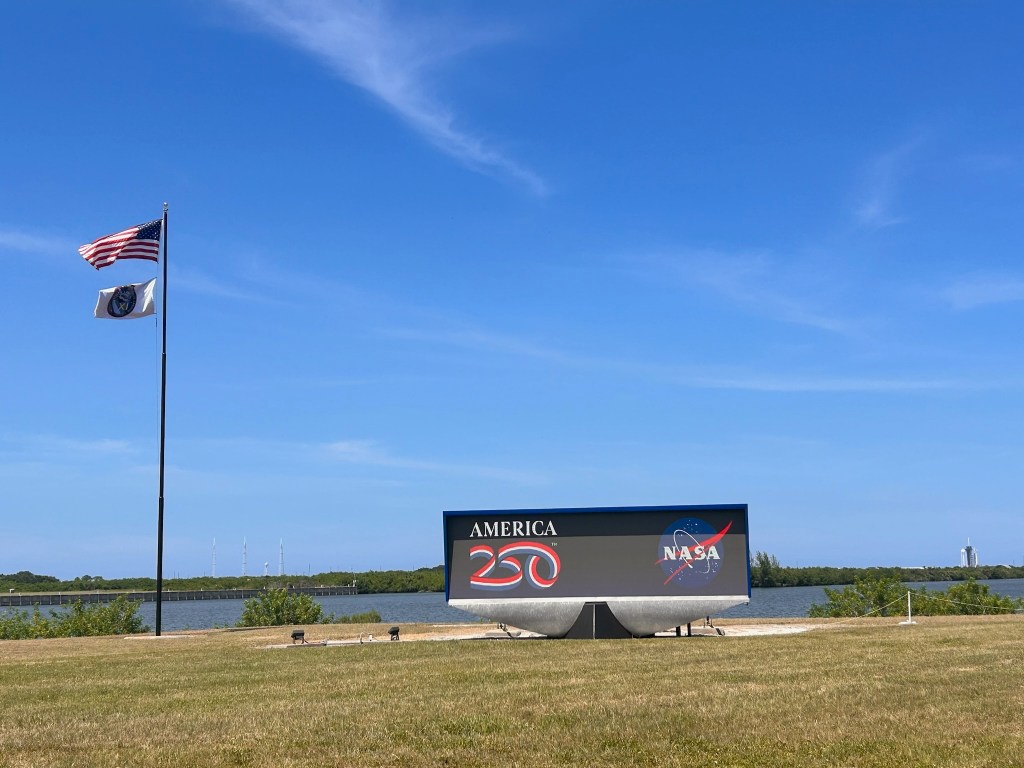 On July 30, 2025, the America 250 logo is displayed on the launch countdown clock at NASA’s Kennedy Space Center in Florida.
