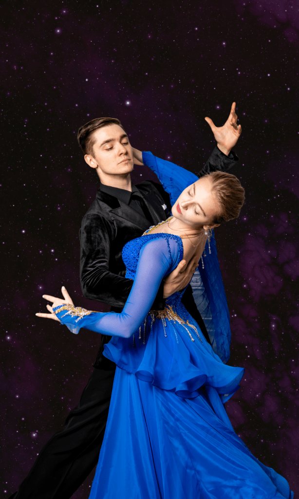 A male dancer in a black suit and a female dancer in a blue ballroom gown are captured mid-dance, with the woman leaning back gracefully.
