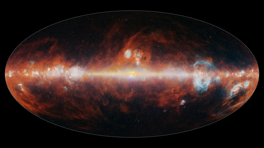 A map of the entire sky, as seen by NASA's SPHEREx Observatory. The image features a selection of colors emitted primarily by stars (blue, green, and white), hot hydrogen gas (blue), and cosmic dust (red).