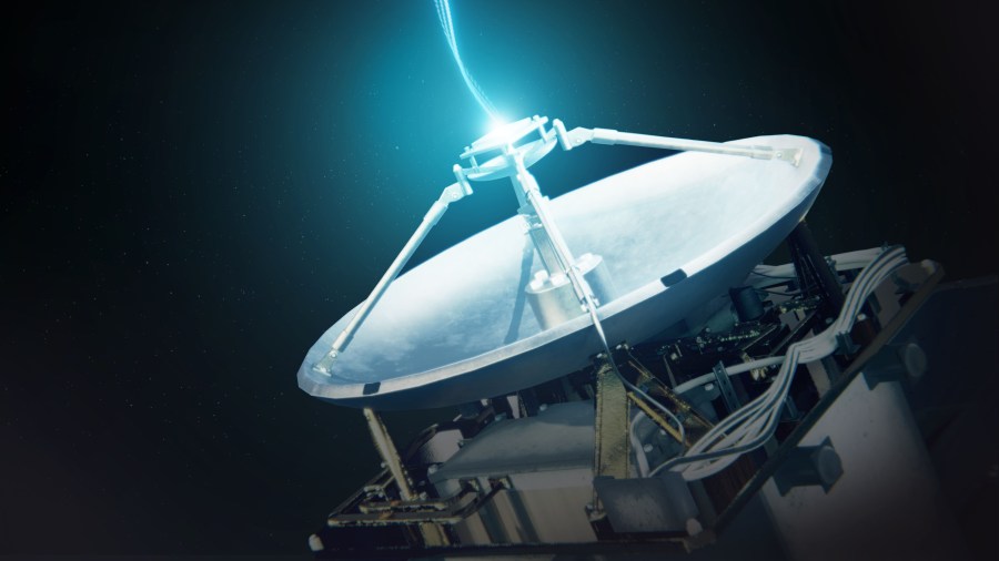 This rendering shows a large spacecraft dish antenna in deep space points upward, illuminated by a bright blue beam of light that appears to transmit or receive a signal. The metallic structure and support arms of the dish are visible in the foreground, with a dark star‑filled background behind it.
