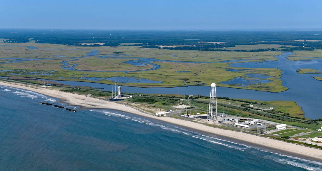 Image of Wallops Island beach and launch range after construction of three breakwaters and renourishment with sand.