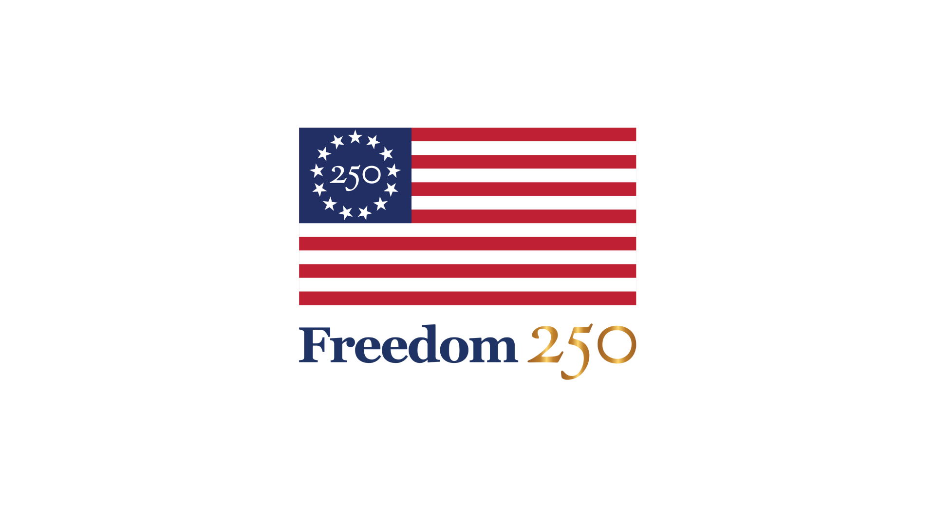 Freedom 250 logo featuring bold blue and gold typography with a stylized American flag motif, symbolizing America's 250th anniversary celebration.